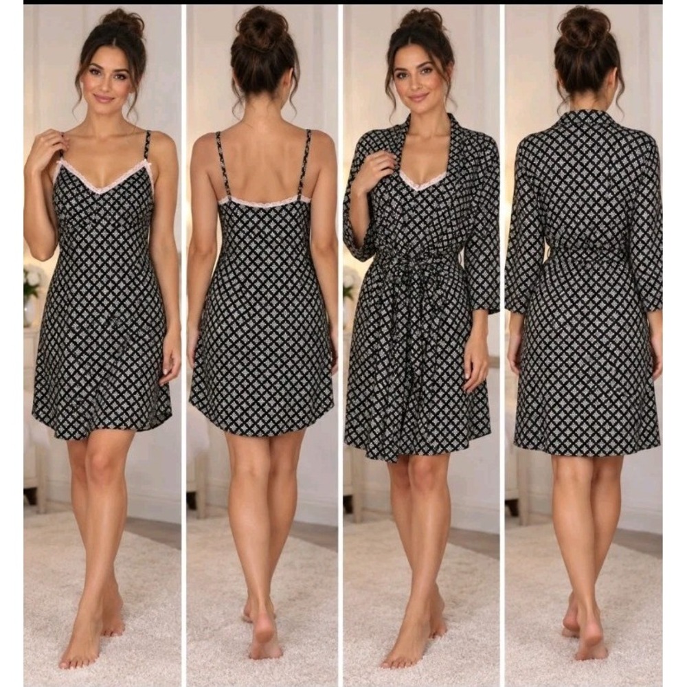 Rene Rofe Robe and Nightgown Set Women L Black Pink Floral Lace Trim